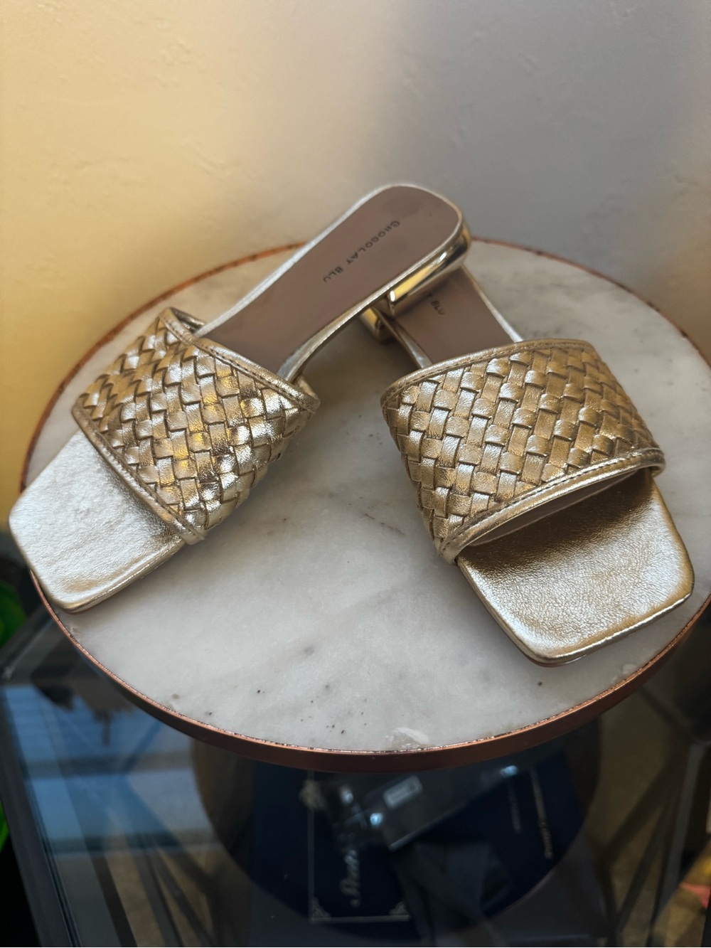 Chocolat Blu Metallic Gold Woven Slide Sandals